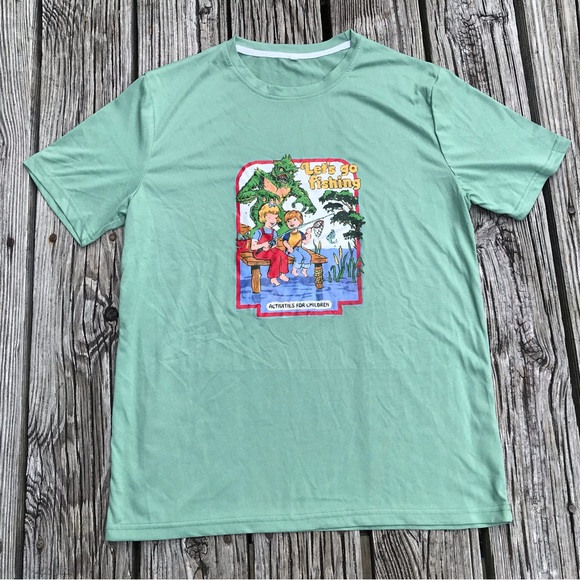 2/$10 Mens M Graphic Let’s Go Fishing Funny Novelty Print Tee Top Tshirt - Picture 10 of 10